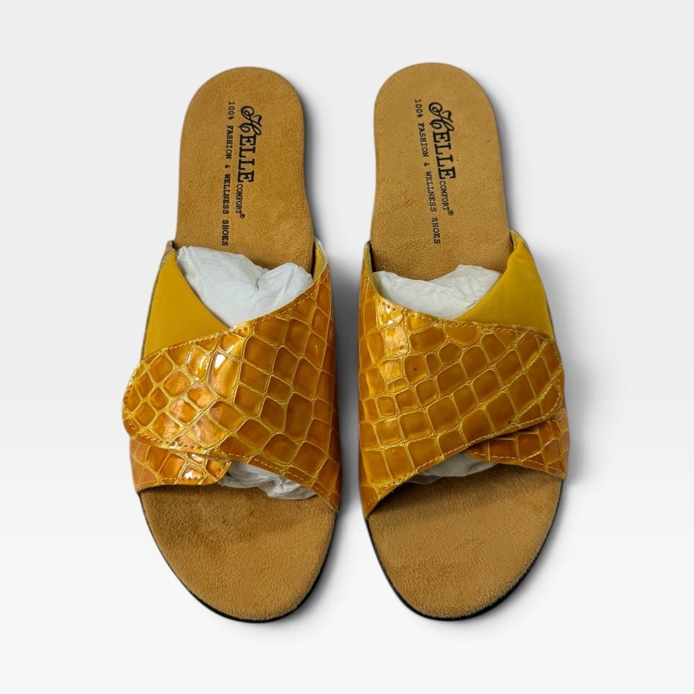 Helle Comfort Bea Slide Sandals Womens 41 Yellow Croc Patent Kitten Heel NEW